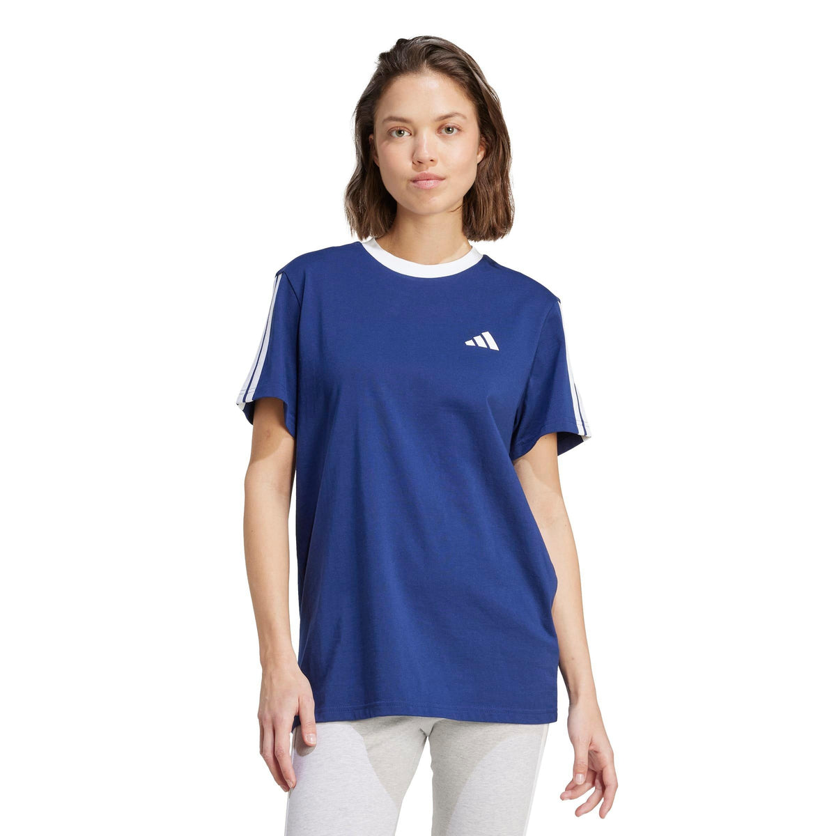 adidas Essentials 3 Stripe T-Shirt – t-shirt damski, kolor niebieski, biały – zdjęcie 2
