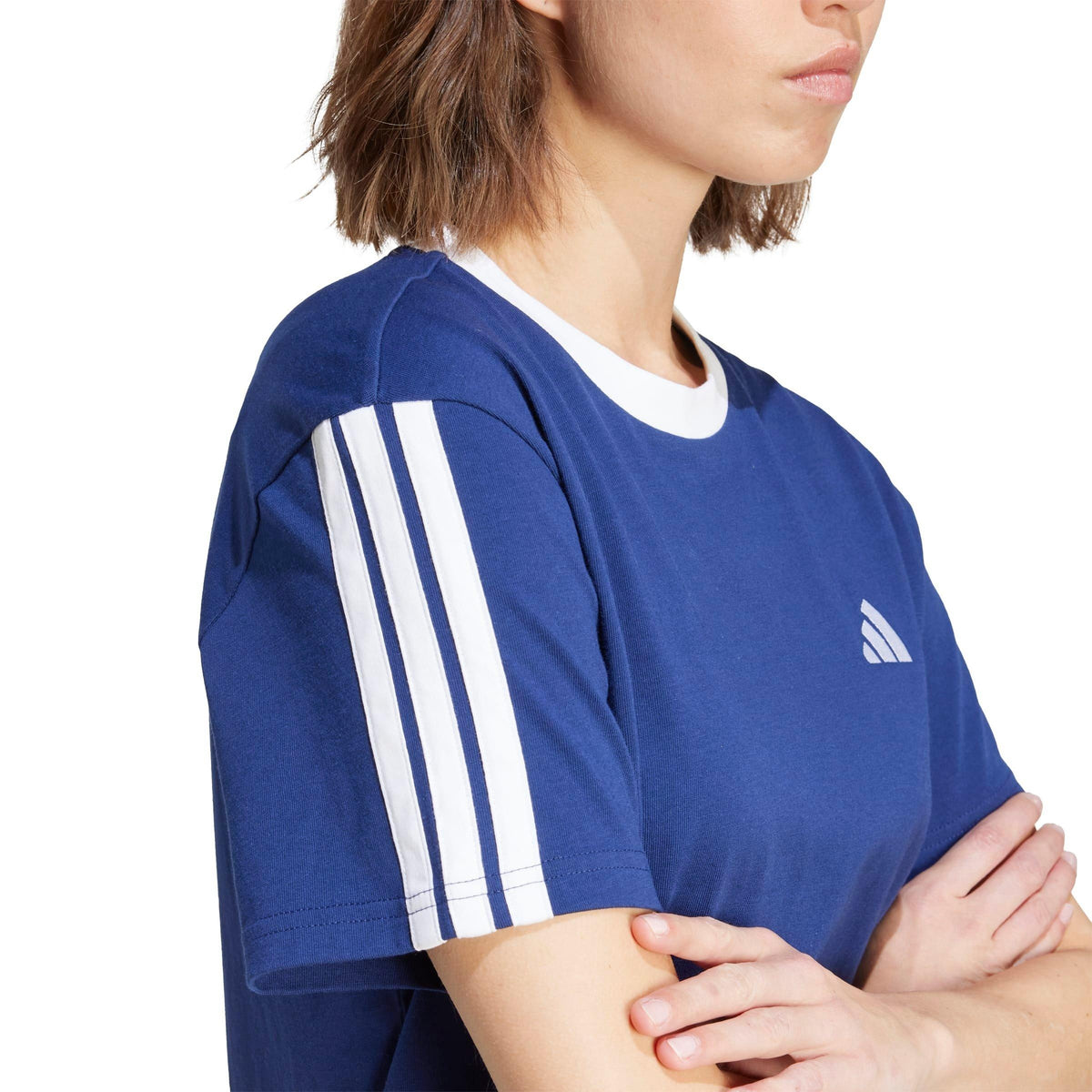 adidas Essentials 3 Stripe T-Shirt – t-shirt damski, kolor niebieski, biały – zdjęcie 5