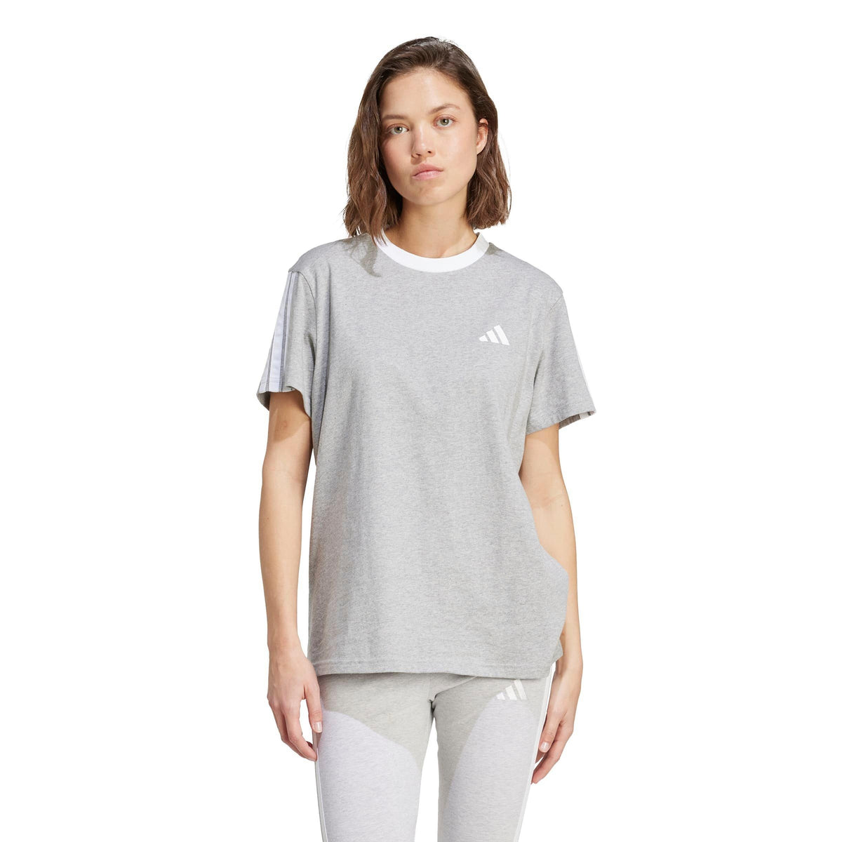 adidas Essentials 3 Stripe T-Shirt – t-shirt damski, kolor szary – zdjęcie 2