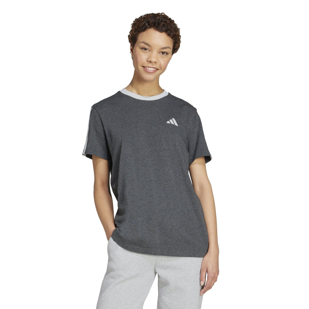 adidas Essentials 3 Stripe T-Shirt – t-shirt damski, kolor szary – zdjęcie 2